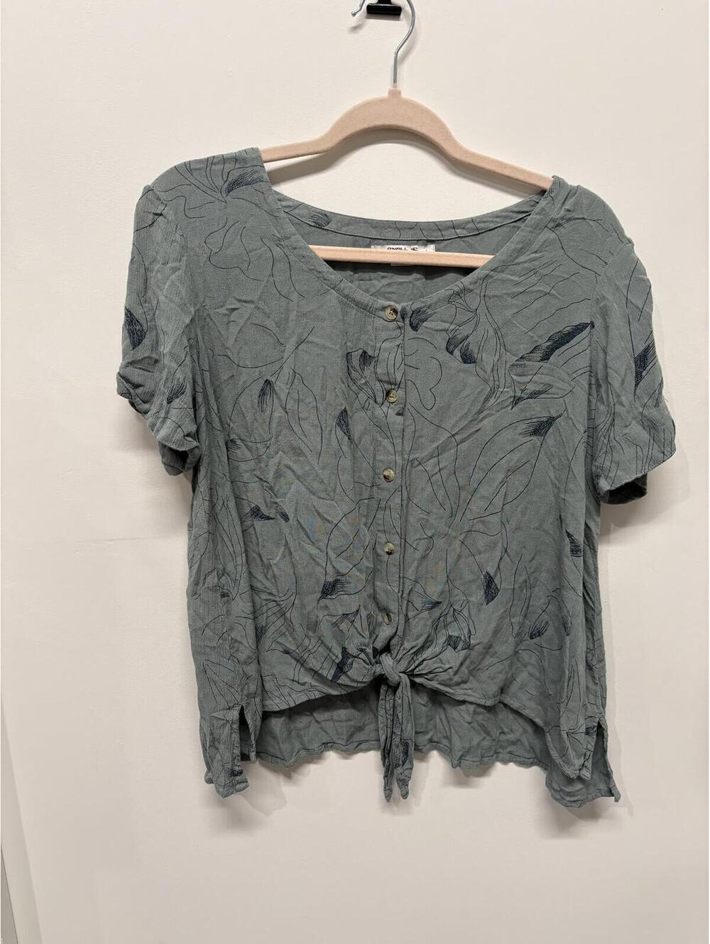 O'Neill Women's Dusty Blue Floral Button Front Tie Hem Top Size L